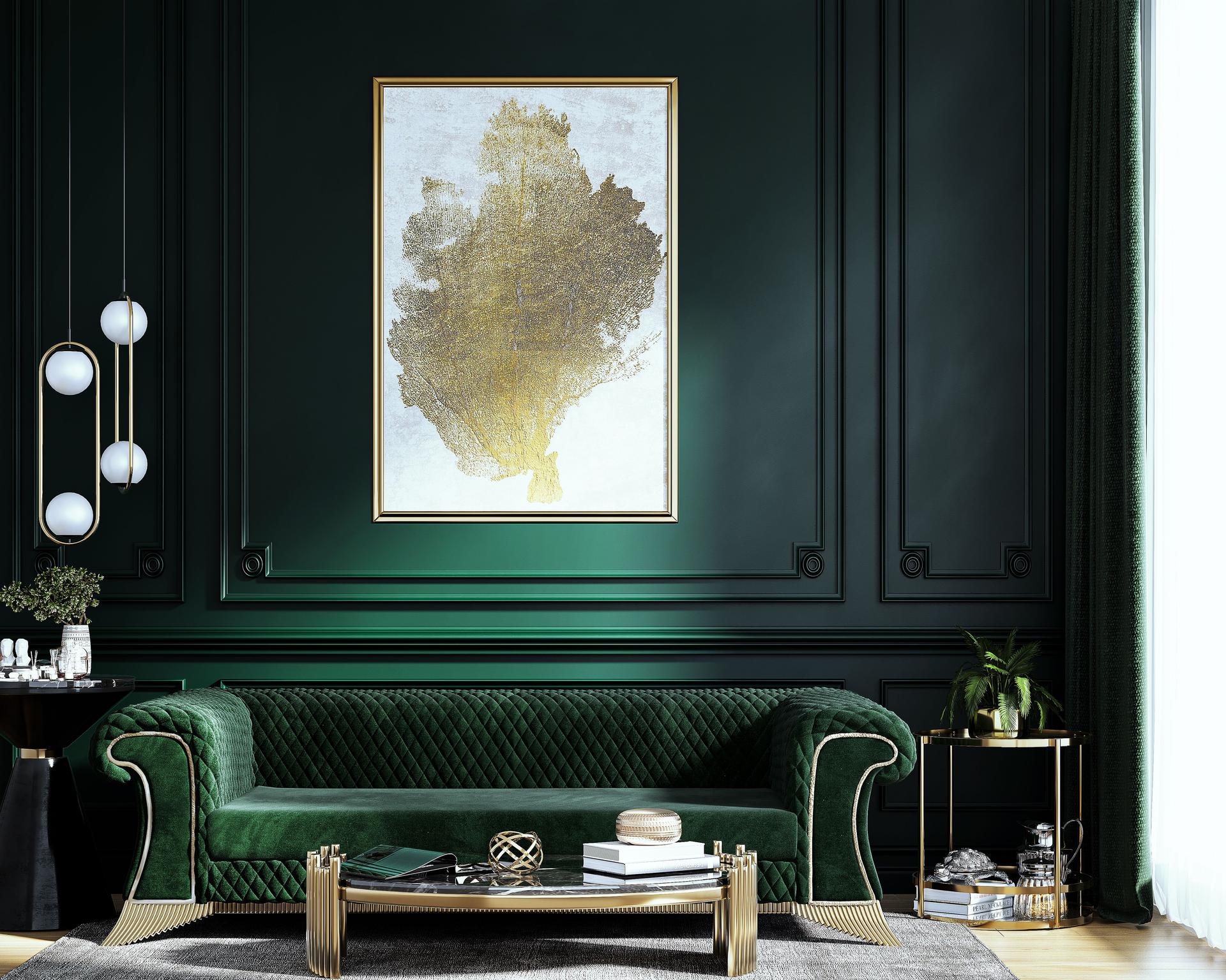Luxury living room with sofa closeup with side table ,interior design, green velvet sofa, center table, pouf, gold decoration, plant, lamp, carpet, mock up poster frame and . Template.