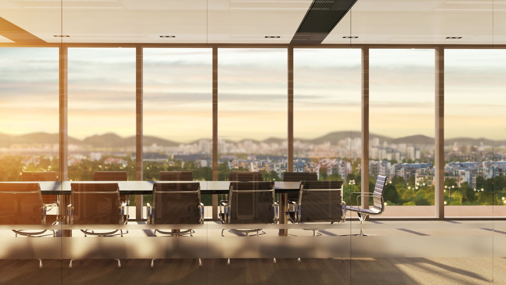 illustration of meeting room with city view at sunset