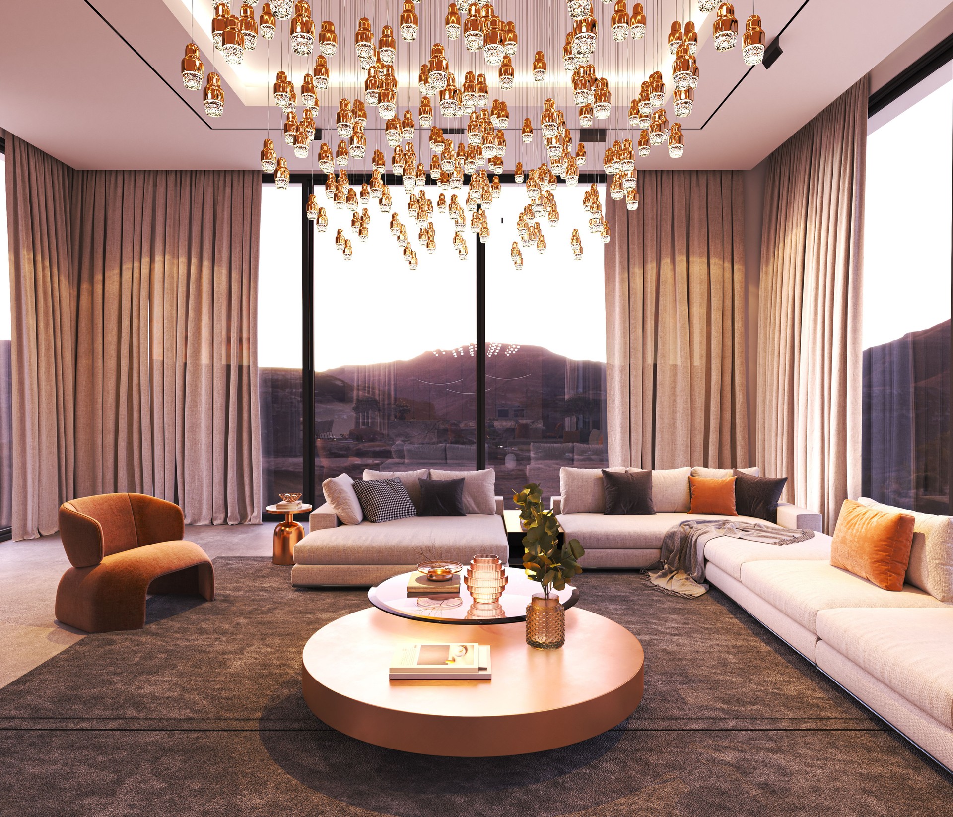 Experience the allure of a modern, elegant living room that boasts stunning and breathtaking views, 3d rendering