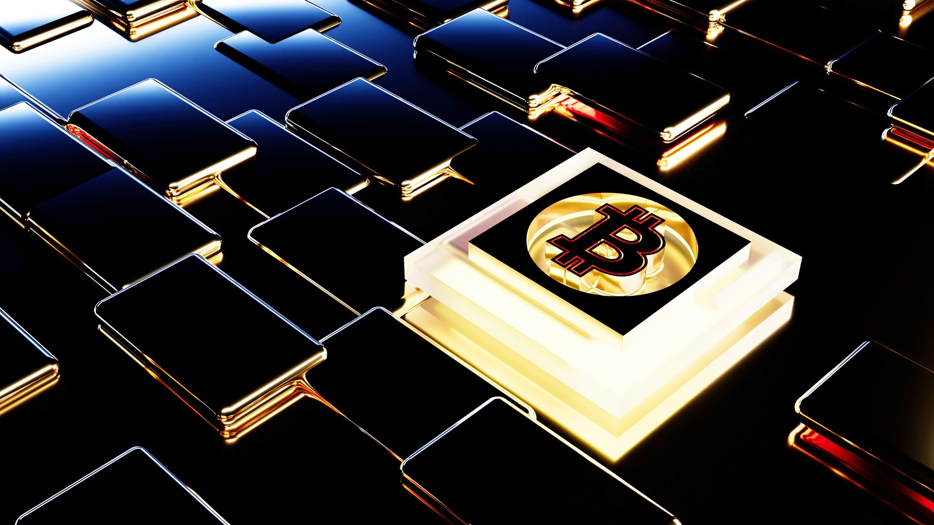 Gold bitcoin logo on dark abstract gold metal background. 3d render Cryptocurrency concept