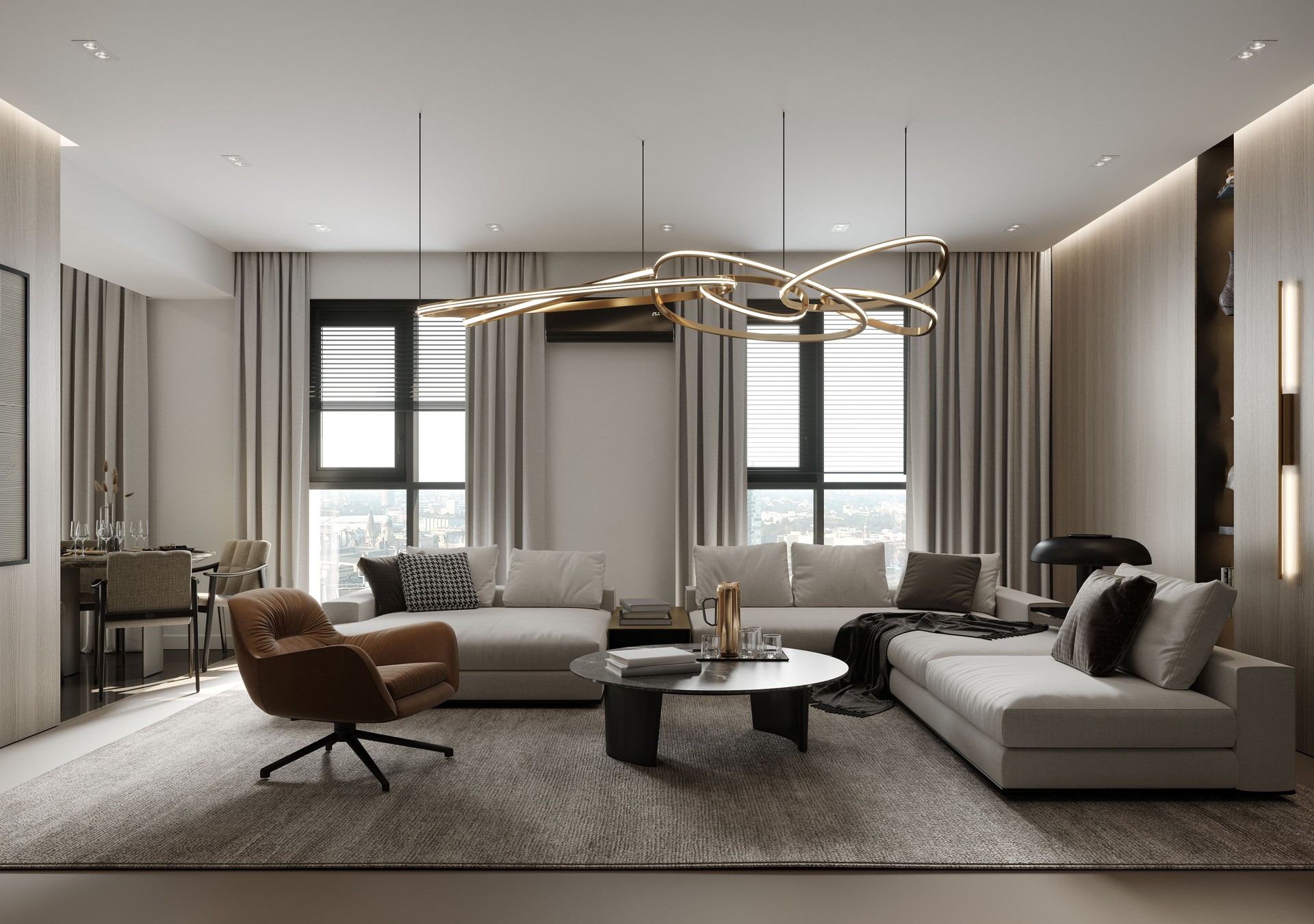 Modern luxury living room design with contemporary furniture and stylish lighting