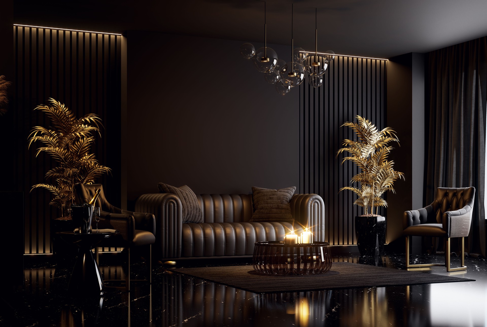 Luxury classical style superior black living room interior 3d render