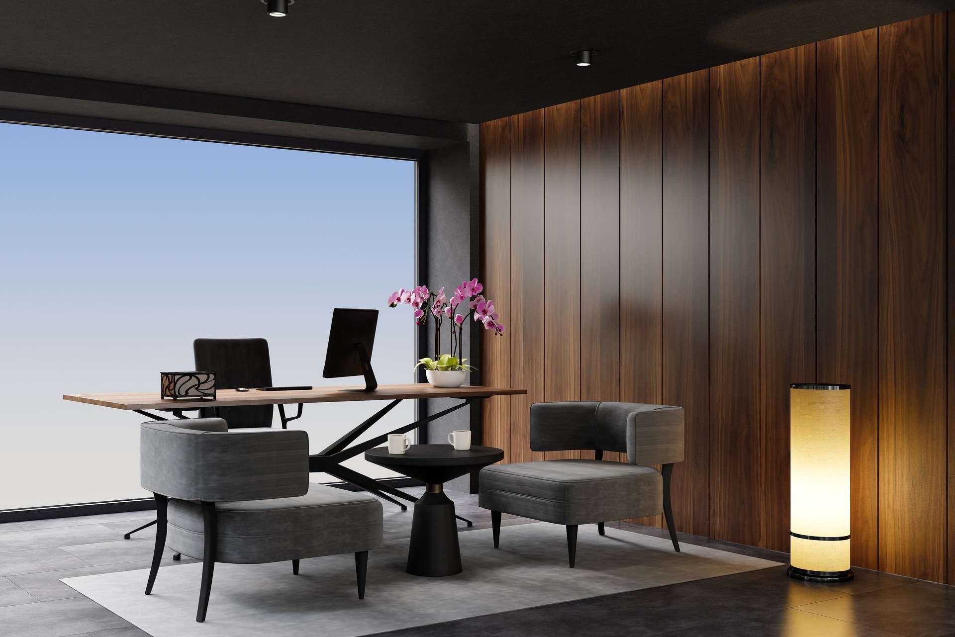 Modern office interior with big wooden desk