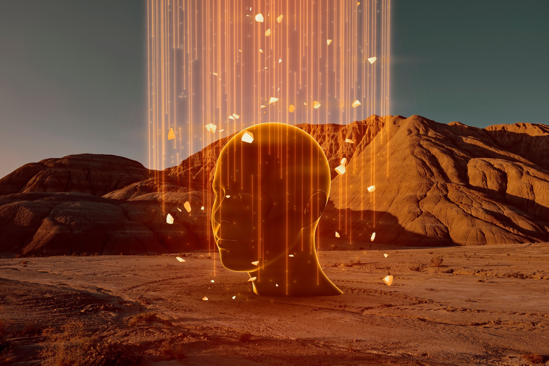 3d model teleports into futuristic landscape universe