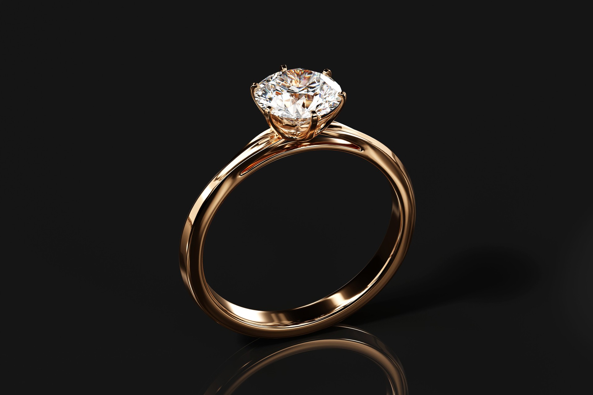 Gold Diamond Ring Isolated On black Background, 3D Rendering.
