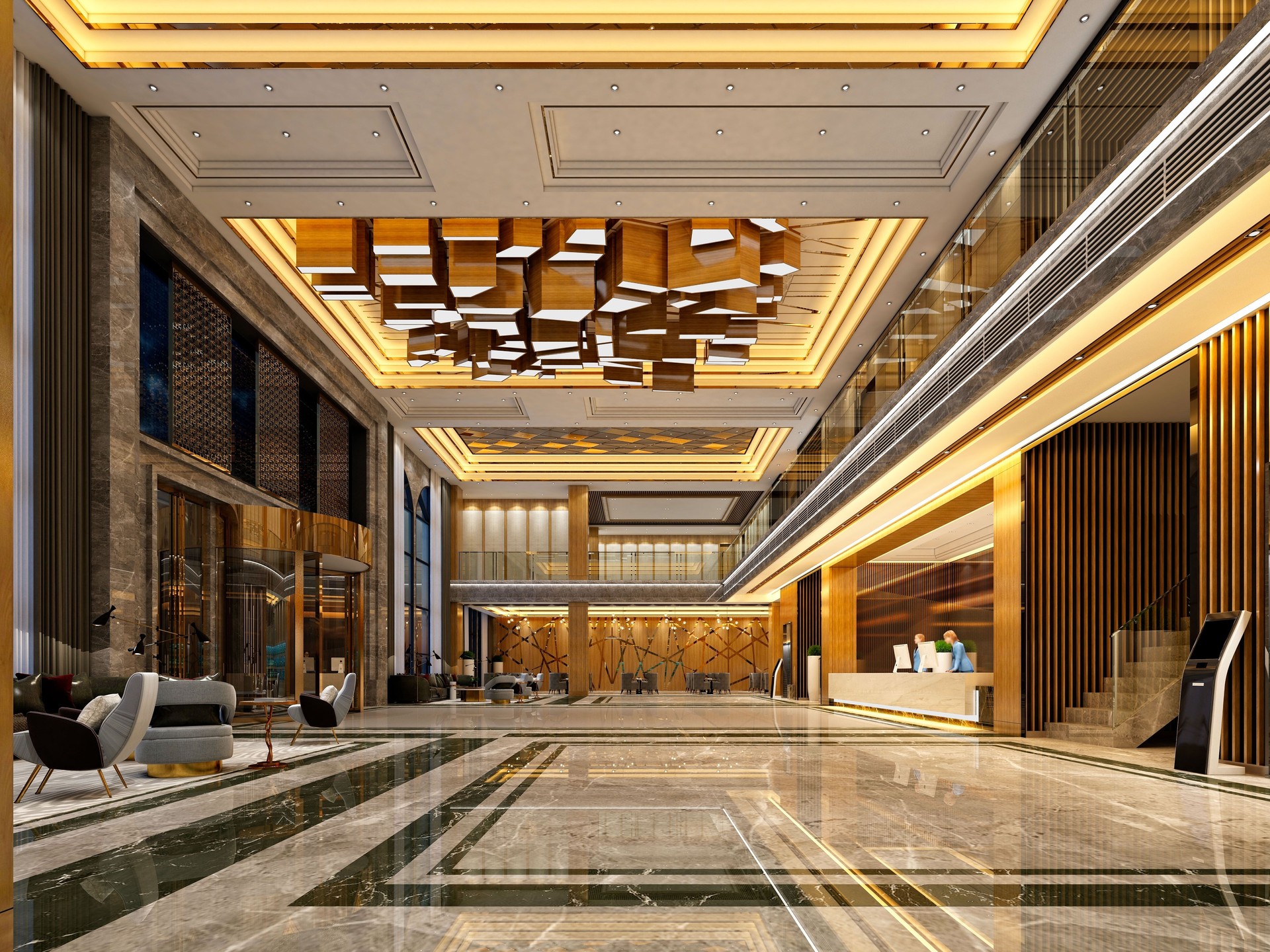 3d render of luxury hotel reception hall and lobby