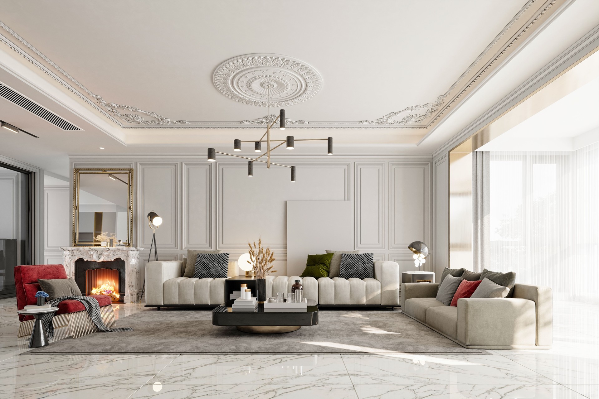 Modern living room and dining space. 3d rendering