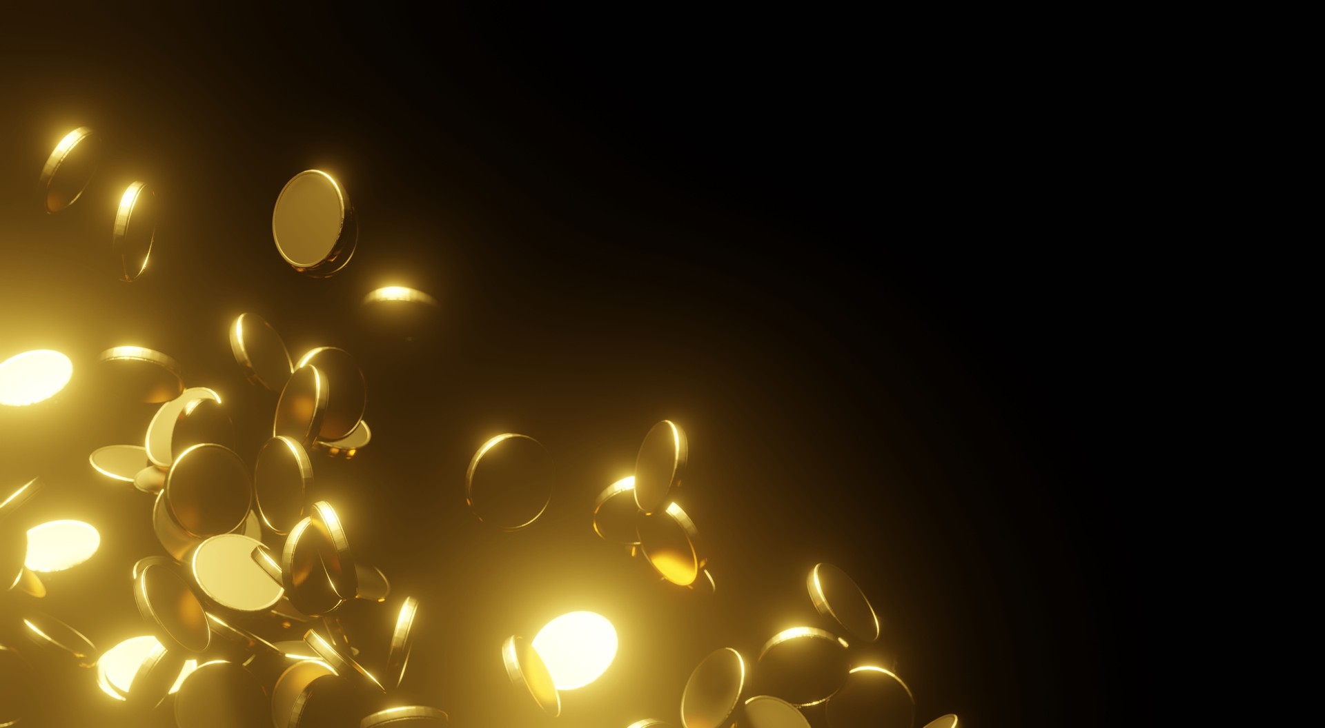 Gold coins falling on black background 3D render