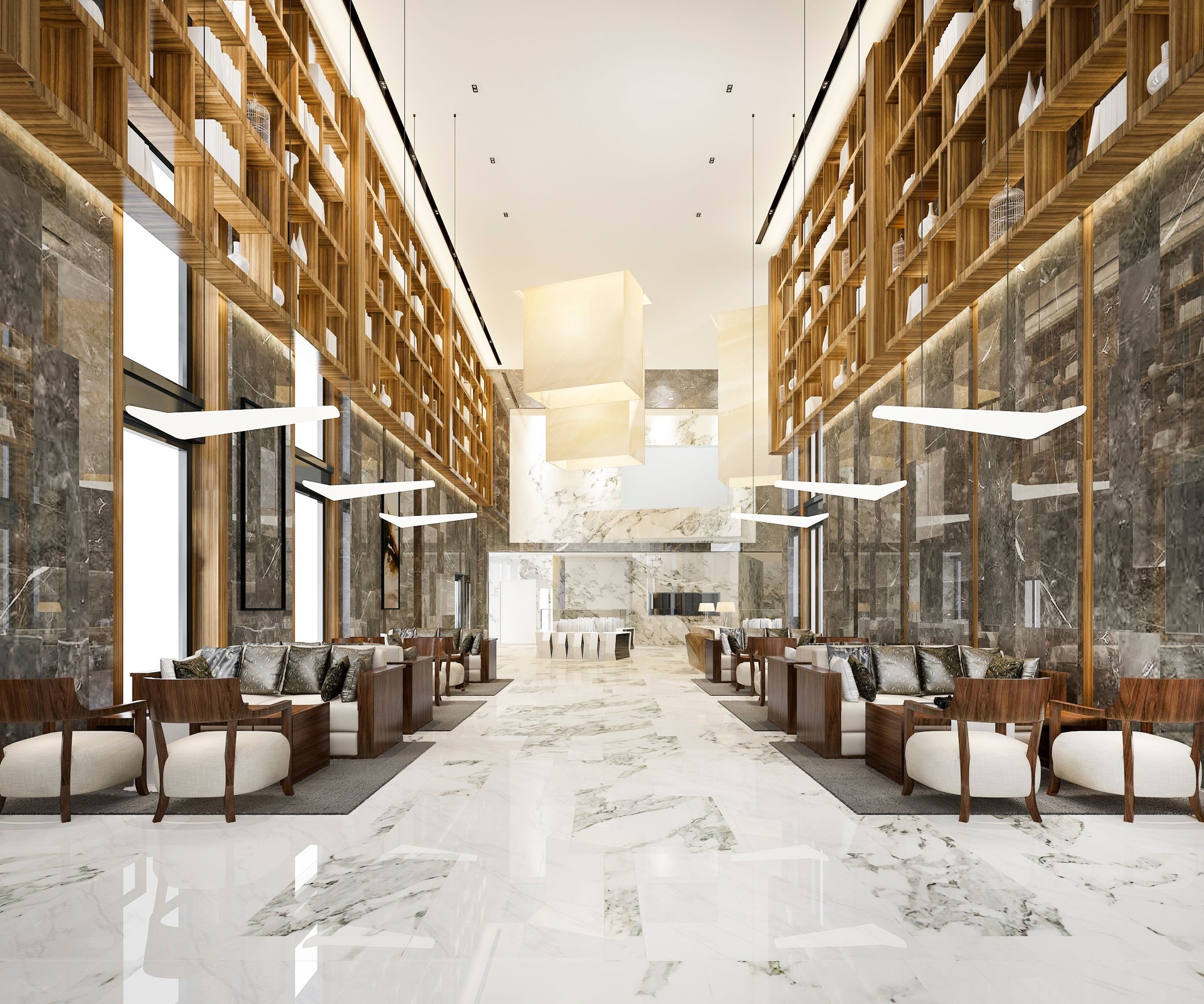 3d rendering elegant lounge lobby area with counter and shelf library