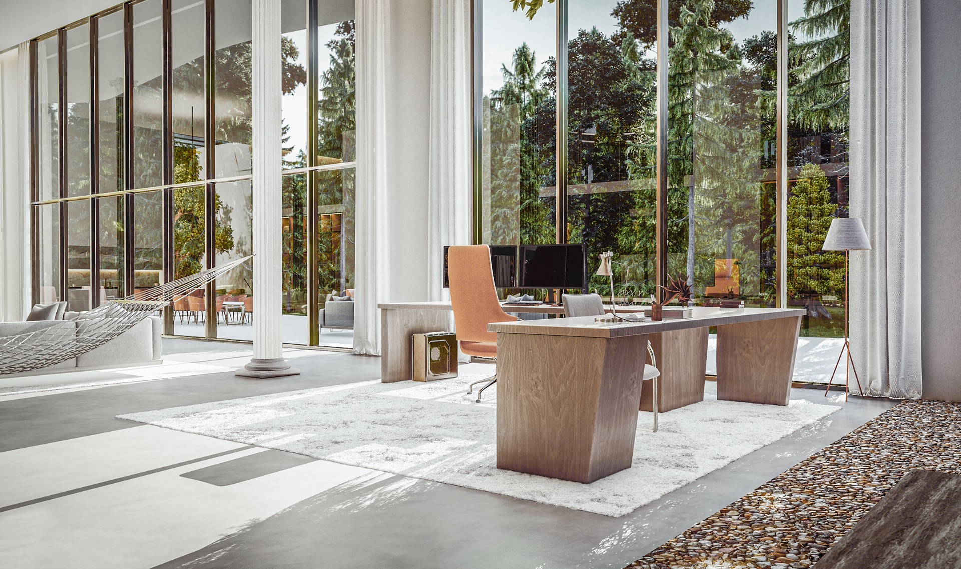 3d render digitally generated image of contemporary office in modern living room