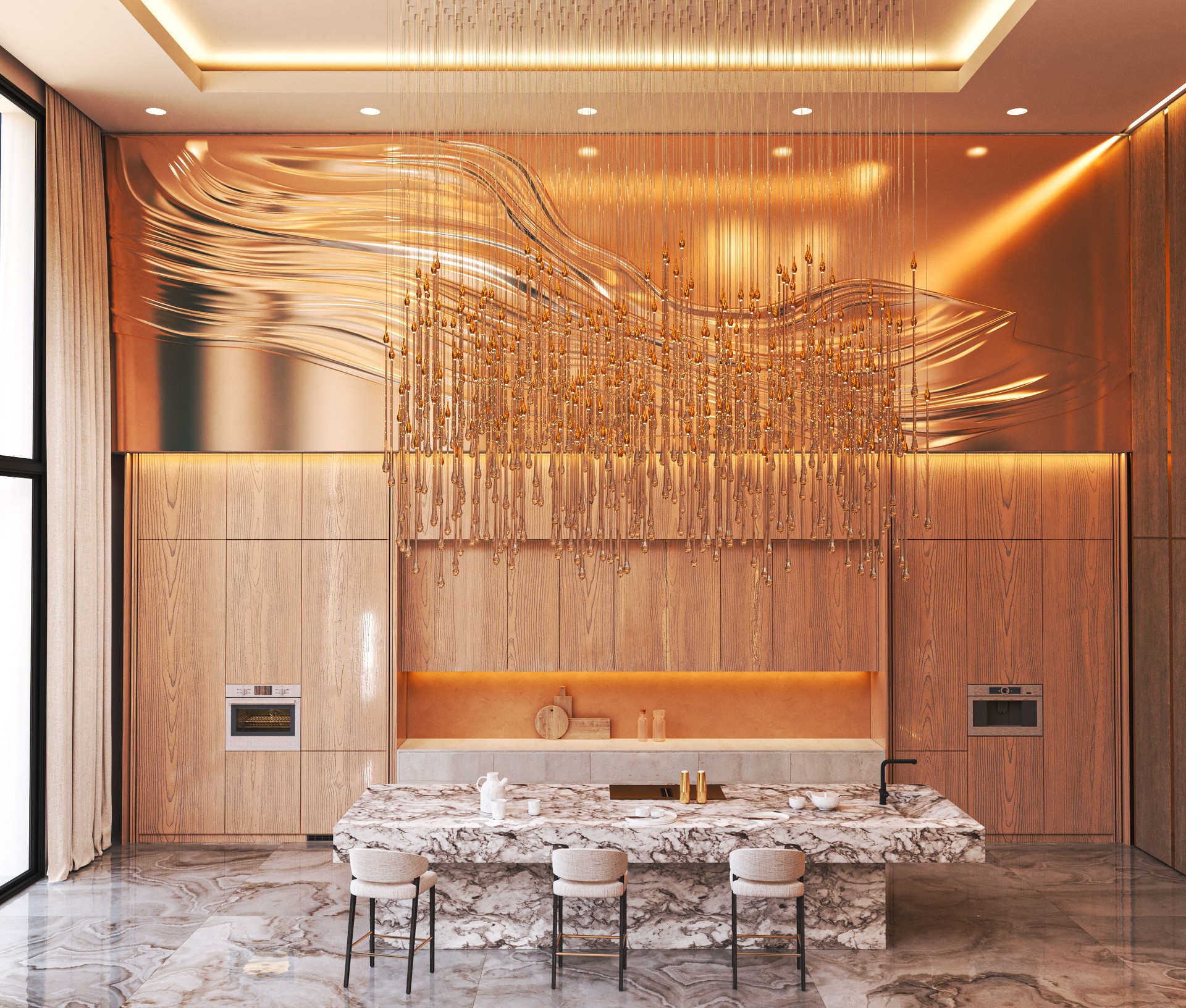 Luxury kitchen with marble island and gold accents