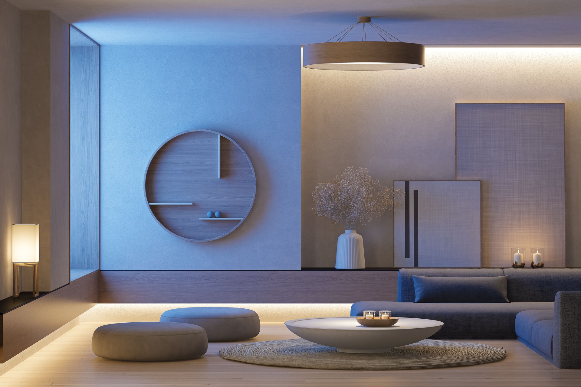 Night scene of Japandi Living Room Interior with Matte Natural Finishes and Minimalist Decor