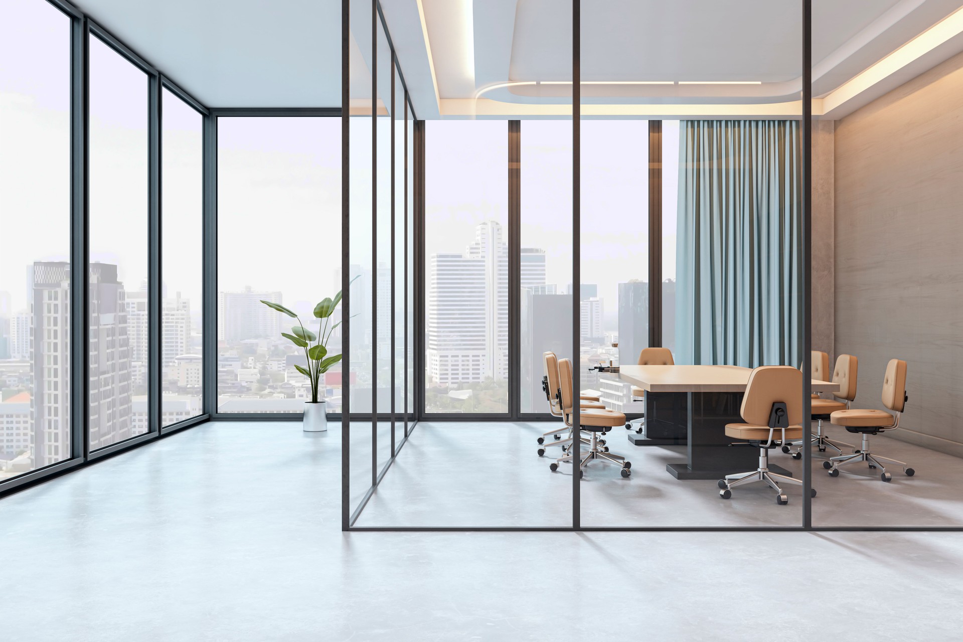 Modern glass-partitioned boardroom with beige chairs and large city-view windows in contemporary corporate office interior design concept. 3D Rendering