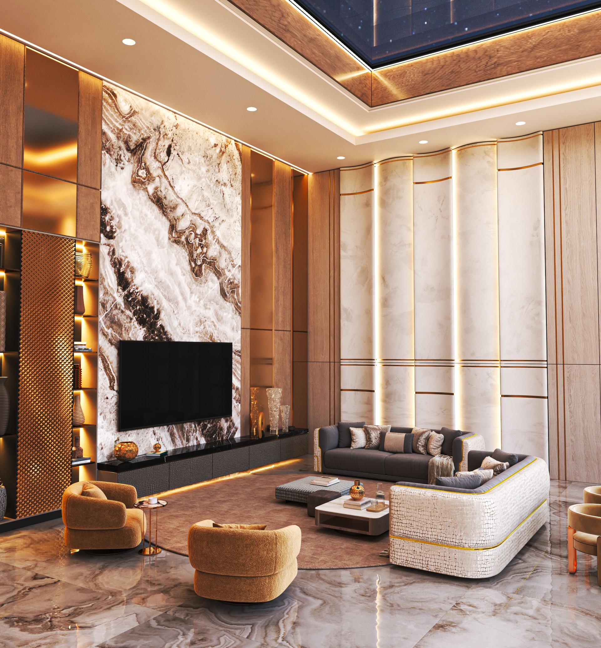 Elegant luxury living room with marble wall