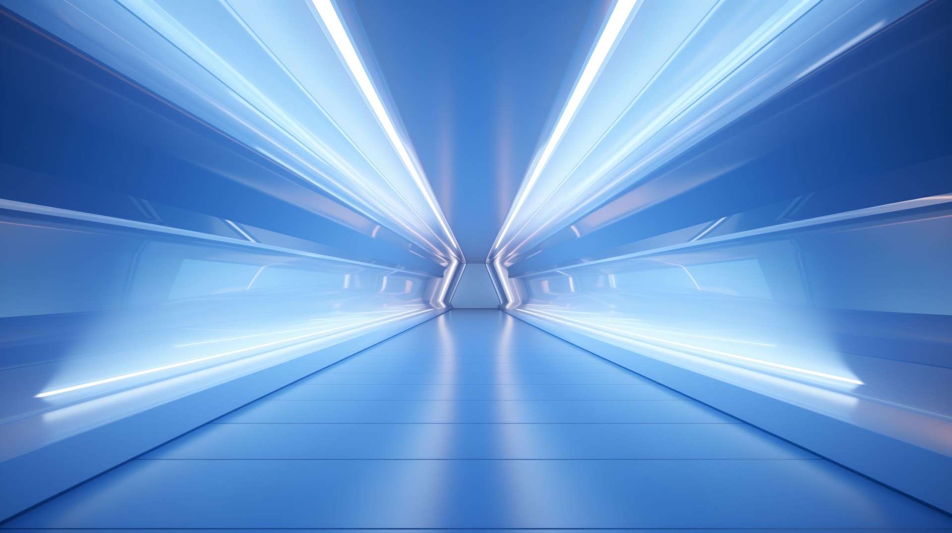 Corridor tunnel of space station ship, glowing futuristic panels of blue color, metal walls reflection of light. Podium stage long way. 3d render