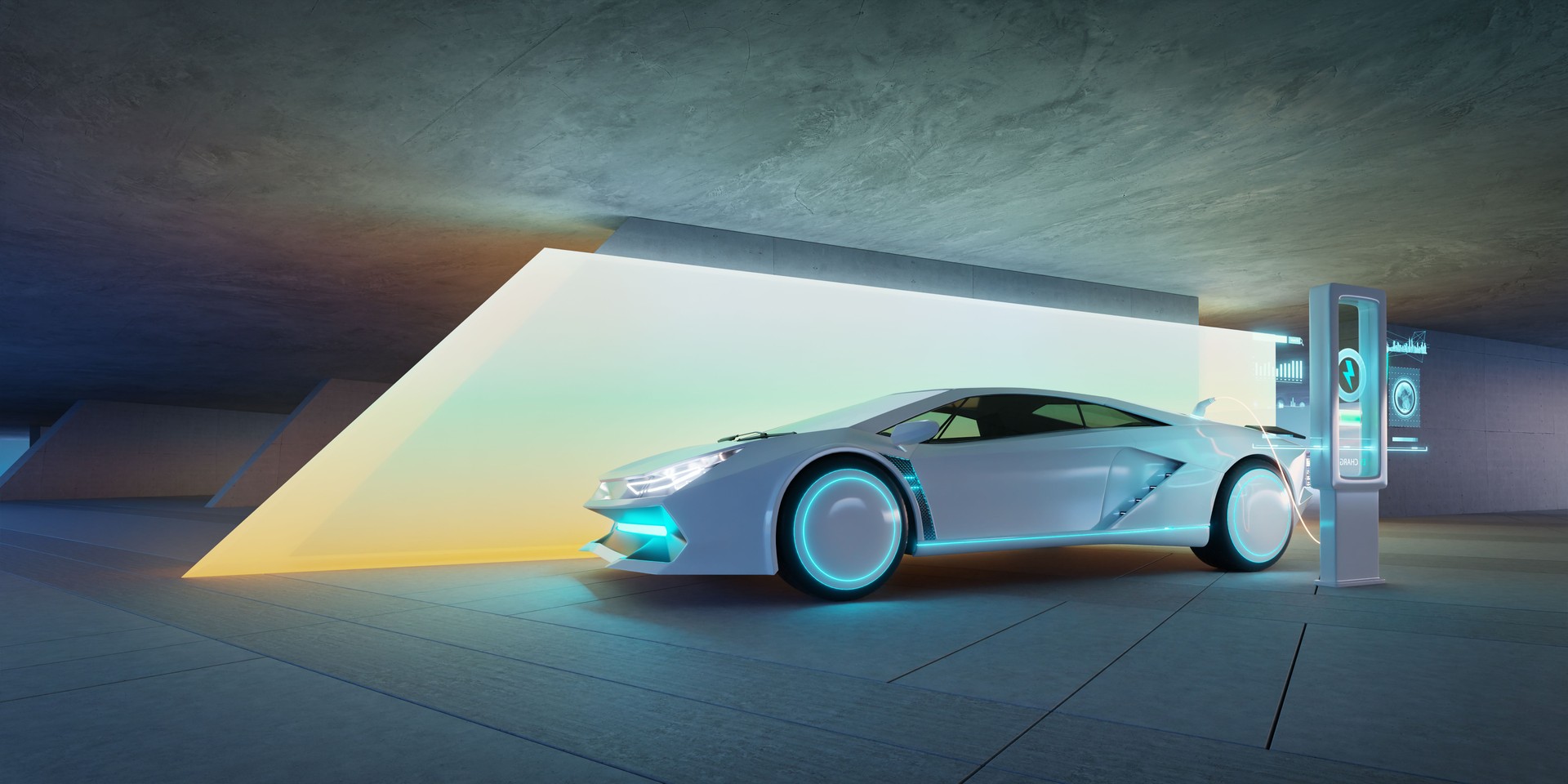 3d rendering futuristic electric car charging in modern garage
