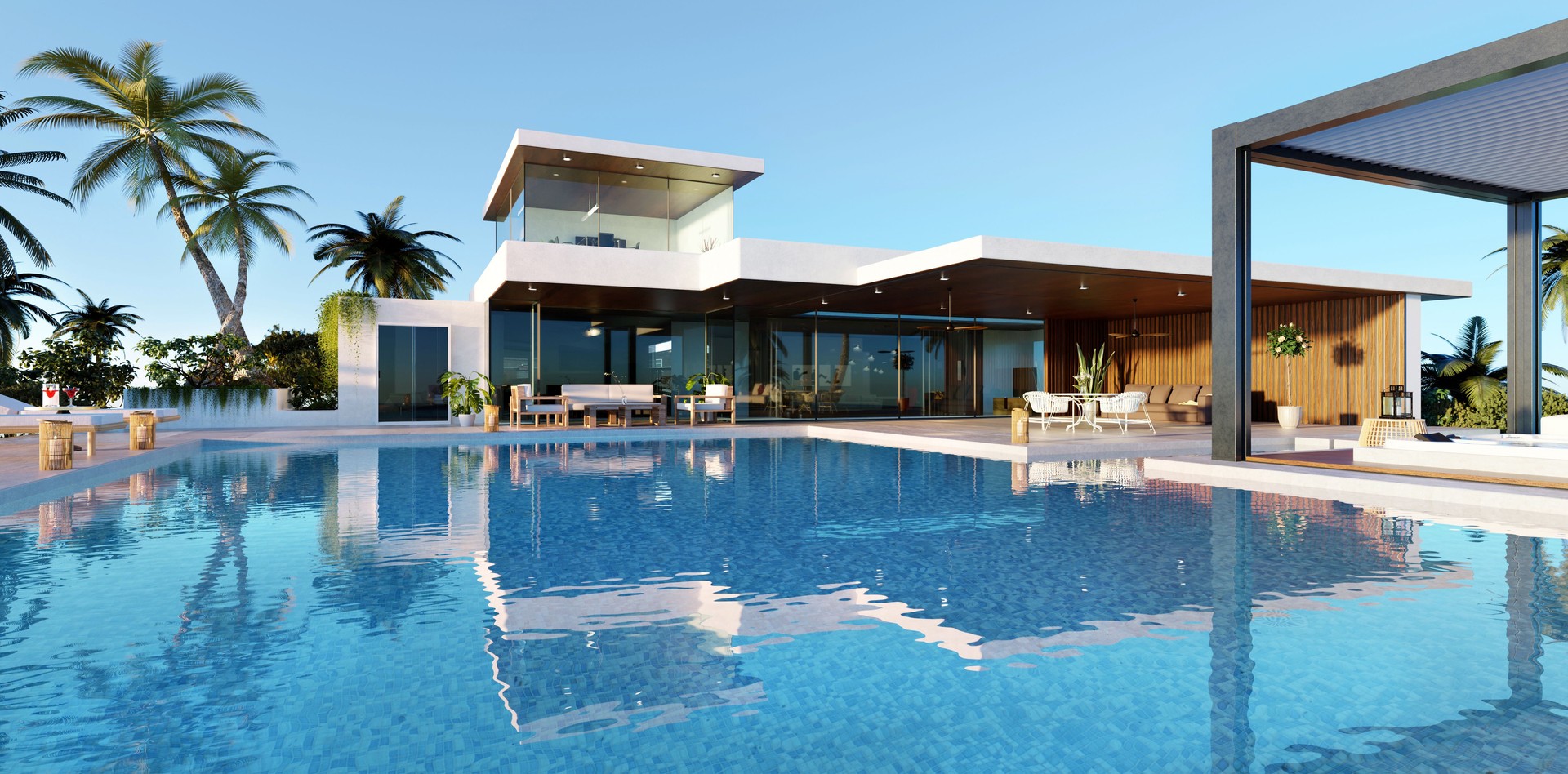 3D render of front view luxury villa with huge swimming pool and biocimlatic pergola