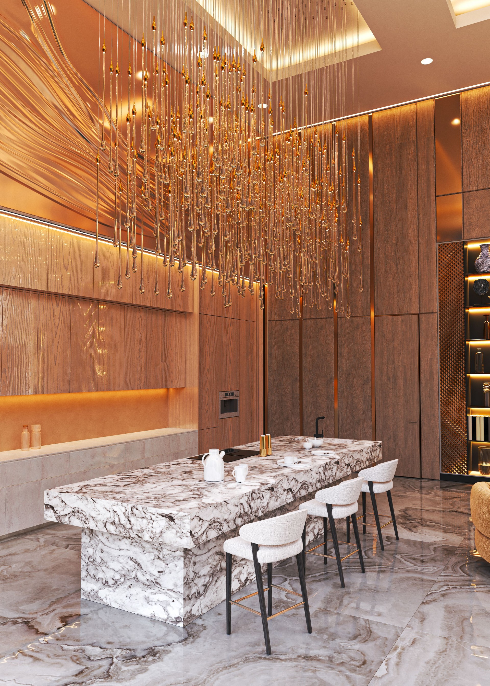 Luxurious kitchen with marble island and gold accents