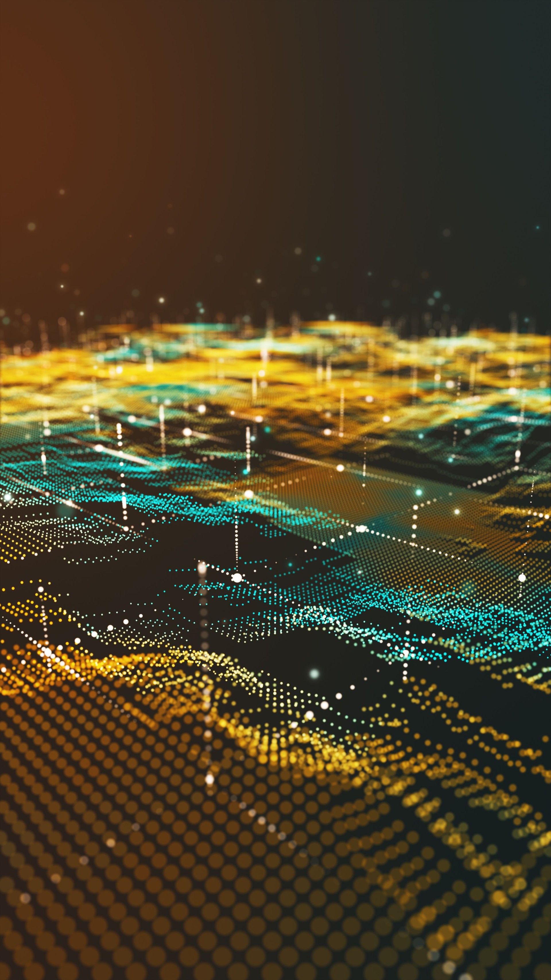 Abstract digital data landscape with glowing gold particles.