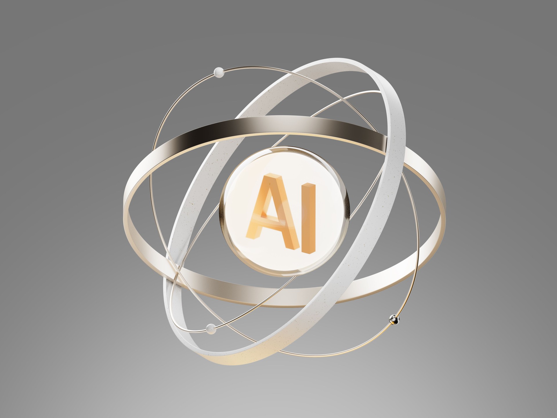 3D render of an atom-shaped structure with AI core, symbolizing artificial intelligence, neural networks, and data systems. Suitable for futuristic tech, machine learning, or digital research visuals.