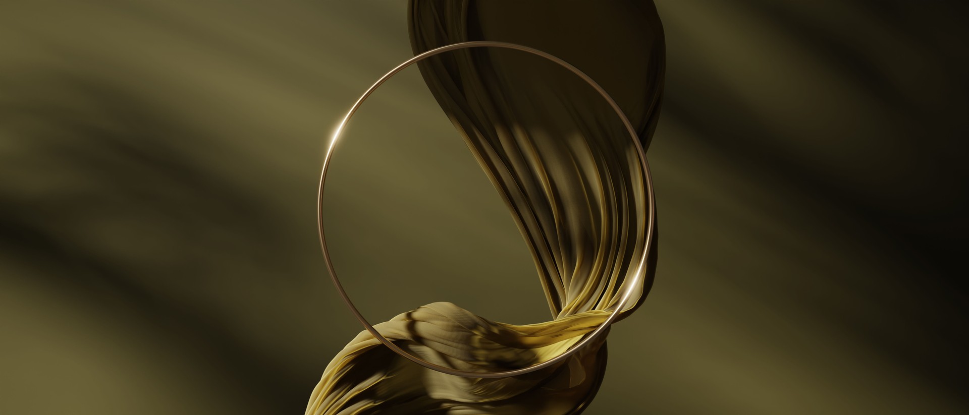 3D background. Gold circle display, frame mockup. Luxury green silk. Flying cloth in motion. beauty, cosmetic product presentation. Feminine template with copy space. 3d render, banner advertisement