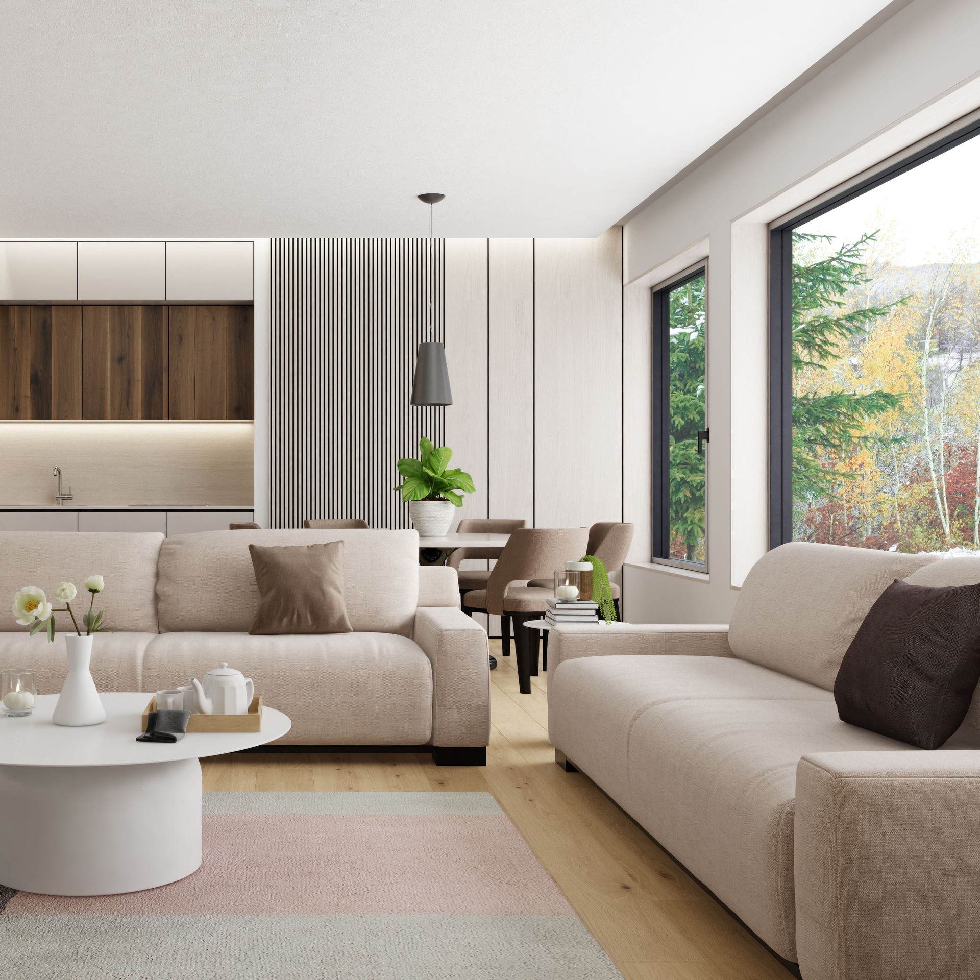 Bright Scandinavian Open Space Interior with Dining Area & Kitchen